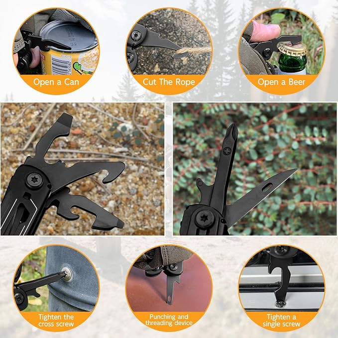 28-in-1 Multitool Pliers with Scissors,Saw, Screwdrivers,Rope Cutters,Can Opener,File,Carrying Pouch,Stainless Steel Pocket Multi-Tool Ideal for Camping Survival Toolkit and Gift for him (Black)