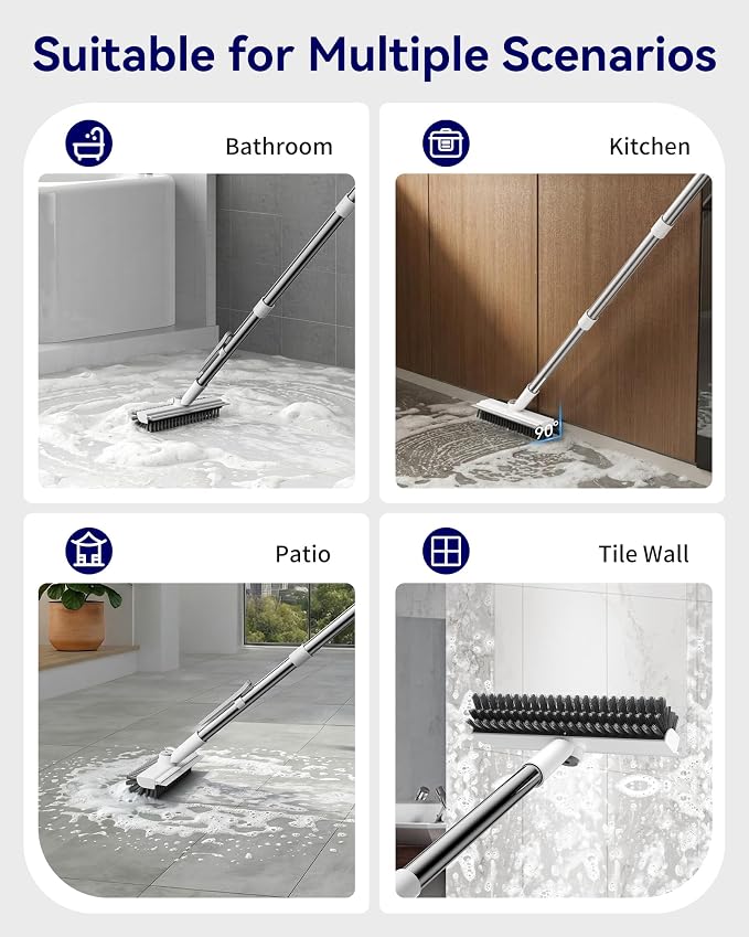 Small Floor Scrub Brush with Length Adjustable Long Handle, 3 in 1 Heavy-Duty Stiff Bristle Scrubber Brush with Squeegee and Tweezer Push Broom for Cleaning Bathroom, Patio, Garage and Kitchen