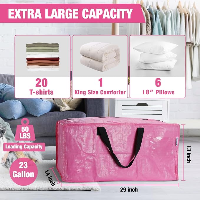 WORKPRO 6 Pack Extra Large Moving Bags with Backpack Straps & Handles | Heavy Duty Pink Moving Storage Bags for Moving, Dorm & Closet Storage, Double Zippers for Easy Packing