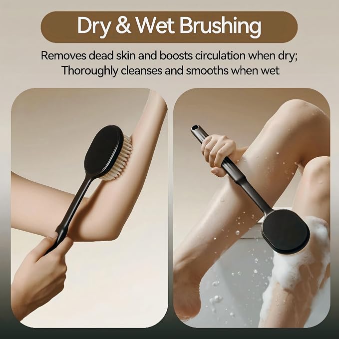 Back Scrubber for Shower for Men Women, Body Brush with Long Handle, Exfoliating Bath Washer with Soft Bristles for Wet or Dry Brushing, Back Scrub Deep Cleaning, Coffee Ground Infused