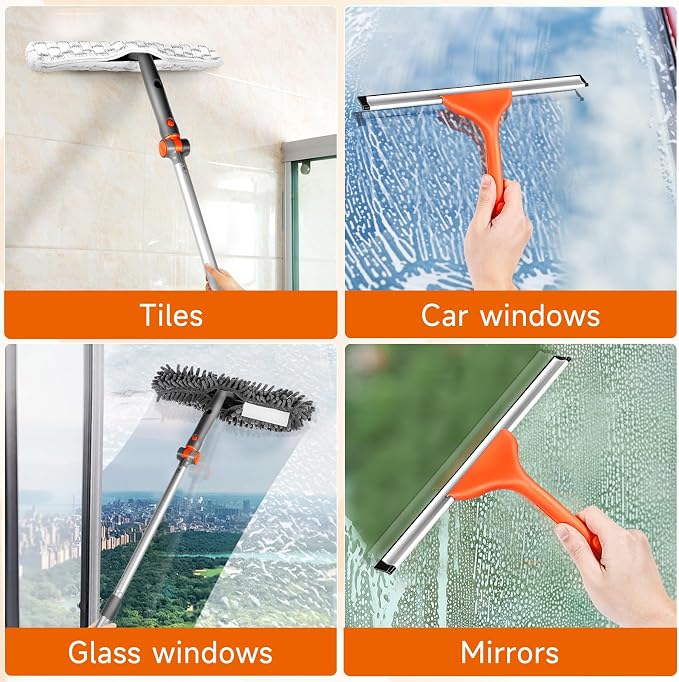 Chabatree 2-in-1 Window Squeegee Cleaner Set with 62" Extendable Pole, Window Cleaning Kit with Bendable Head for Indoor & Outdoor Glass, Professional High Window Cleaning Tool for Car & Home(Kit1.0