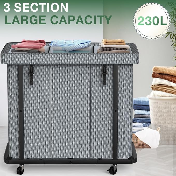 Laundry Basket with Lid,230L Rolling Laundry Hamper with Wheels,Grey | Dirty Clothes Hamper with Metal Frame and Removable Bag Design, Suitable for Laundry Room, Bedroom(3 Section)