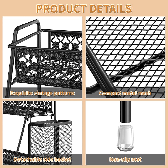 Vintage 3 Tier Spice Rack Organizer for Kitchen Counter, Bathroom Counter Organizer with Bonus Basket, 3 Tier Bathroom Counter Organizer for Spices Makeup Perfumes, Retro Countertop Organizer