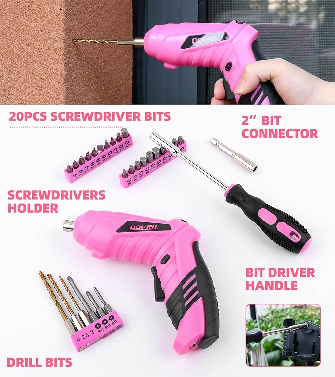 DOWELL 116Pcs Pink Tool Kit, Tool Set with 3.6V USB Cordless Screwdriver | Small Drill Set for Women, Girls