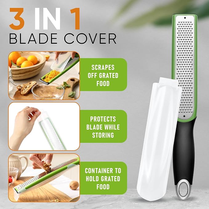 Spring Chef Premium Lemon Zester Grater with Handle - Orange, Garlic, Ginger, Nutmeg, Cheese Grater- Handheld Sharp Kitchen Tool - Stainless Steel Citrus Zester with Blade Cover - Fine Shred, Green