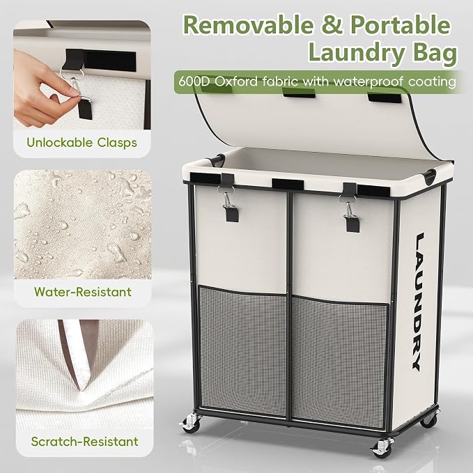 Laundry Hamper with Wheels and Lid, 225L Large Rolling Laundry Basket White | Heavy Duty Clothes Organizer, Sturdy Metal Frame, Lockable Swivel Casters, Removable Bag, For Bedroom, Bathroom, Laundry Room