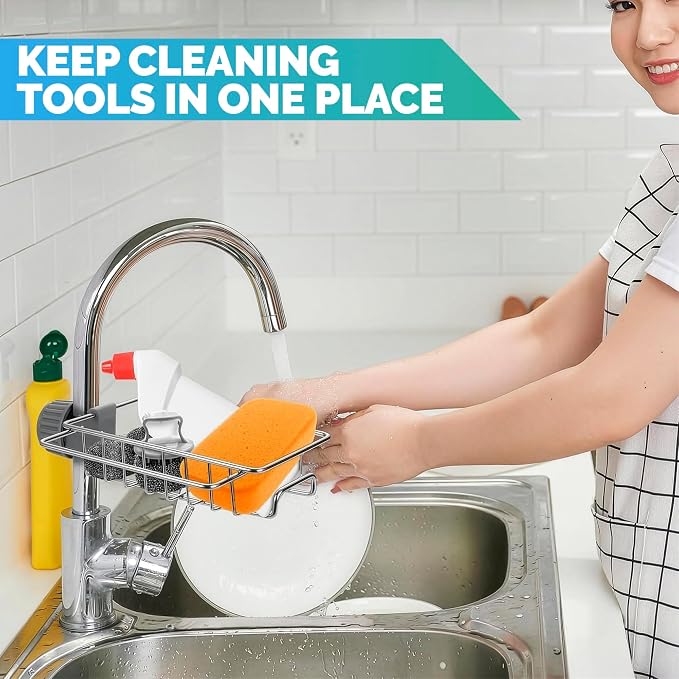 Kitchen Sink Faucet Organizer - 360° Rotating Rust-Resistant Caddy for Dish Sponge & Soap - 6.77" x 5.32" x 1.73" Stainless Steel Sponge Holder for Kitchen Sink Around Faucet, Fits 0.59-1.18 in Pipes