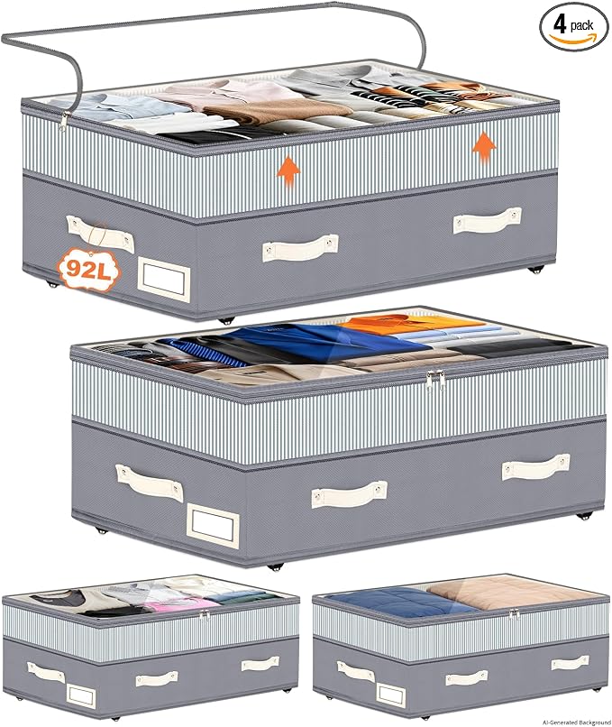 Dolicer 4 Pack Under Bed Storage with Wheels, 6in-10in Height Adjustable Underbed Storage Containers, 92L XXXL Under Bed Drawers Rolling Bin with Clear Lids for Shoes Clothes Organizers(Gray Stripes)
