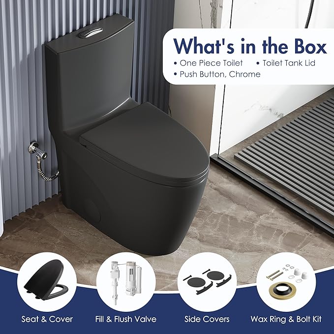Eridanus Elongated One Piece Toilet with Powerful Siphon Dual Flush 1.1/1.6 GPF, 12" Rough-In Modern Bathroom Toilets with Comfort Soft Closing Seat Height 17", ADA Compliant Bowl, Matte Black