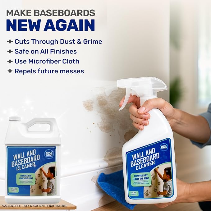 Wall & Baseboard Cleaner for Painted Walls, Cabinets, Doors & Trim | Non-Toxic, No-Rinse Spray | Anti-Resoil, Streak-Free Formula | Kid & Pet Safe | 128 oz (1 Gallon) | Made in USA
