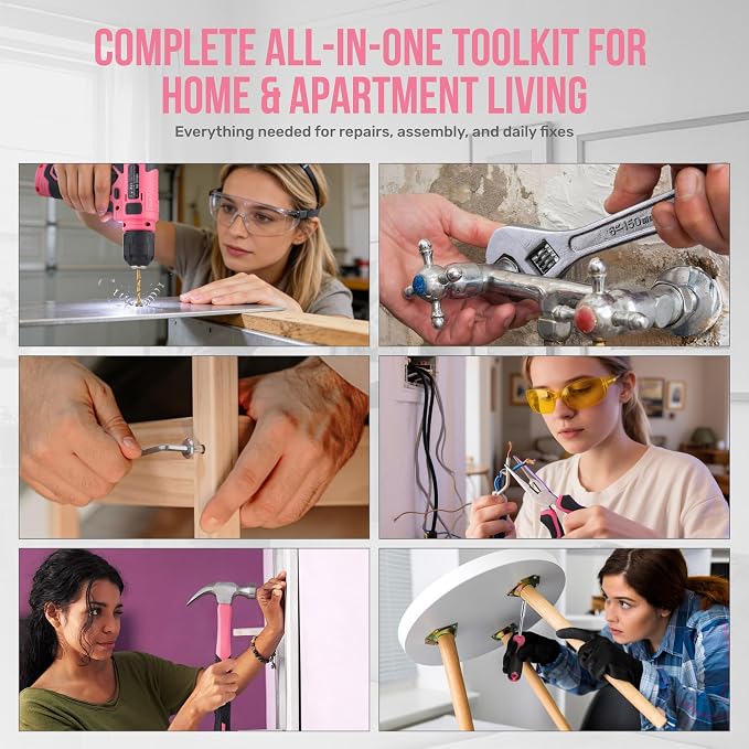 Hi-Spec Tool Set with 8V Drill Set Home DIY Repair & Maintenance, Pink | Cordless USB Electric Drill Driver, Hand Tool Kit for Women and Men, Complete Home DIY Tool Box, Gift, Home Setup help, Tidy