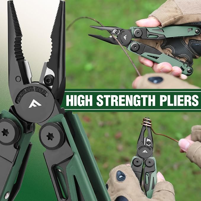 FLISSA 15-in-1 Multitool Pliers Stainless Steel EDC for Men | Pocket Knife with Sheath, Saw and Screwdrivers. Nylon Carry Case. Camping, Fishing, Gift， Survival