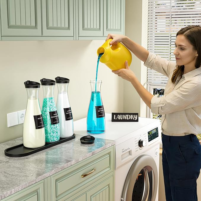 4 Pack Laundry Detergent Dispenser Container, 54OZ Laundry Soap Dispenser | with Tray, Black Laundry Room Organization for Powder, and Fabric Softener