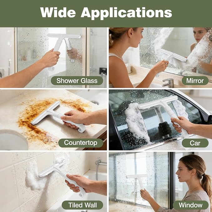 Roylvan Silicone Shower Squeegee, All-in-One Shower Squeegee for Glass Doors with Built-in Hook, Household Window Mirror Cleaner for Bathroom Glass Kitchen Tile Wall Car, White