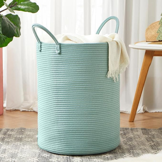 Tall Green Hamper Cotton Rope Laundry Basket 15Dx20H Inches | Woven Basket for Clothes Blanket Storage in Bedroom Living Room for Baby Nursery Kids Toys Organize 60L Large Capacity