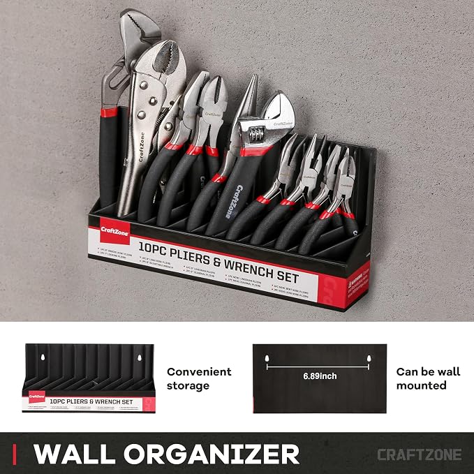 10PC Pliers and Wrench Set with Storage Rack – Includes Channel Lock | Long Needle Nose | Diagonal Cutter | Groove Joint | Linesman & Mini Plier, Carbon Steel Tool Kit for DIY and Home a Gift for Man