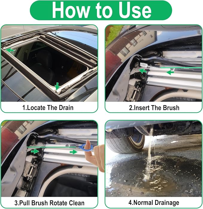 ecocstm Auto Sunroof Drain Cleaning Tool, 120 Inch Flexible Drain Brush, Sunroof Drain Cleaner with Pipe Cleaning Brush, Injector Hose and Crevice Brush, Cleaning Tool for Drains, Sewers, Windshields