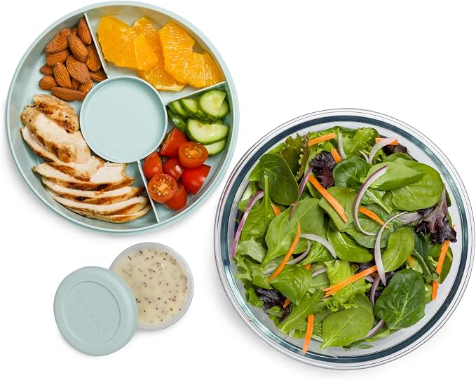 SnapLock Glass Food Storage Salad Container with Divided Upper Tray and Dressing Container, Used for Meal Prep or Lunch On-The-Go, Mint