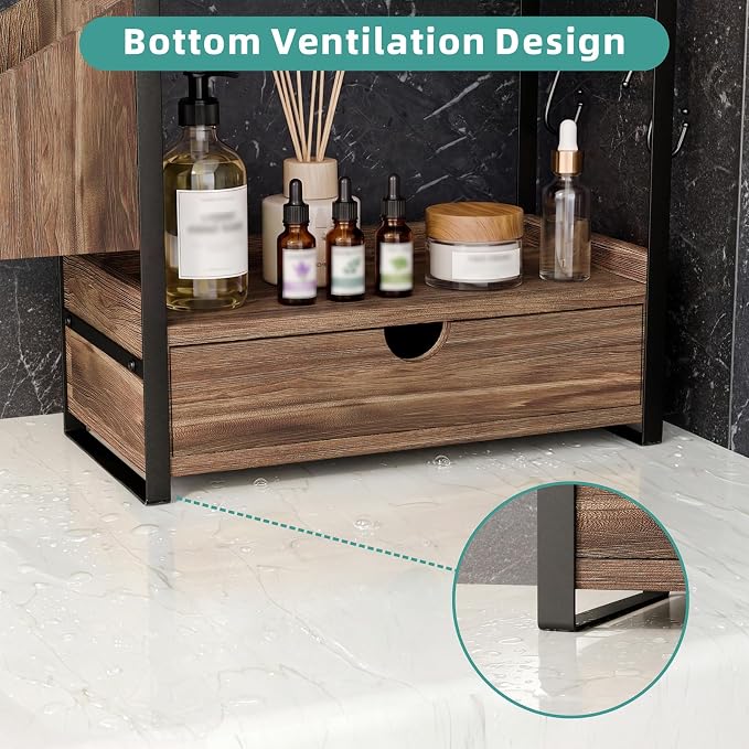 Kottwca 2-Tier Bathroom Counter Organizer with Drawer, Basket & Hooks, Wooden Vanity Shelf for Skincare, Perfume & Makeup Storage(Dark Brown)
