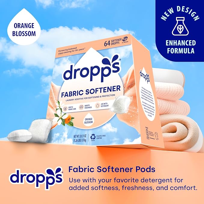 Dropps Fabric Softener Pods, Orange Blossom (64 Count) - Laundry Softener For Soft & Fluffy Fabrics | Liquid Softener & Dryer Sheet Alternative | Clean Ingredients | Plastic Free Packaging