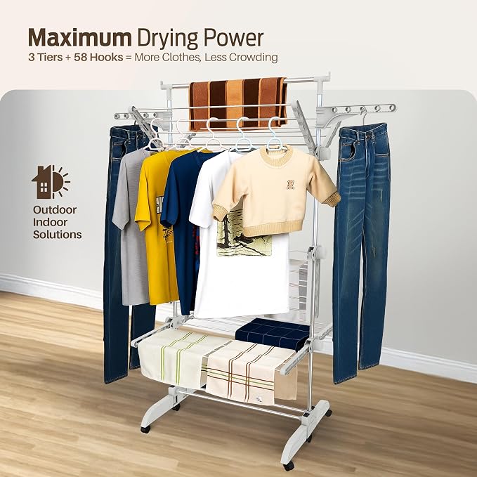 PORTENTUM Clothes airer drying rack – 5-Tier foldable to 14 cm with 58 hanger hooks – Up to 40 kg – horse-style dryer with 24 stainless-steel bars – Indoor and outdoor use – Swivel wheels with brake