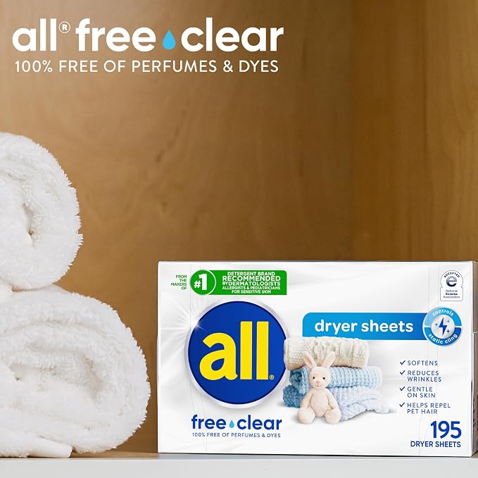 all free clear Fabric Softener Dryer Sheets for Sensitive Skin, 195 Count, Hypoallergenic, Unscented, Dye Free, Controls Static Cling, Reduces Wrinkles, Dermatologist Tested, HE Safe