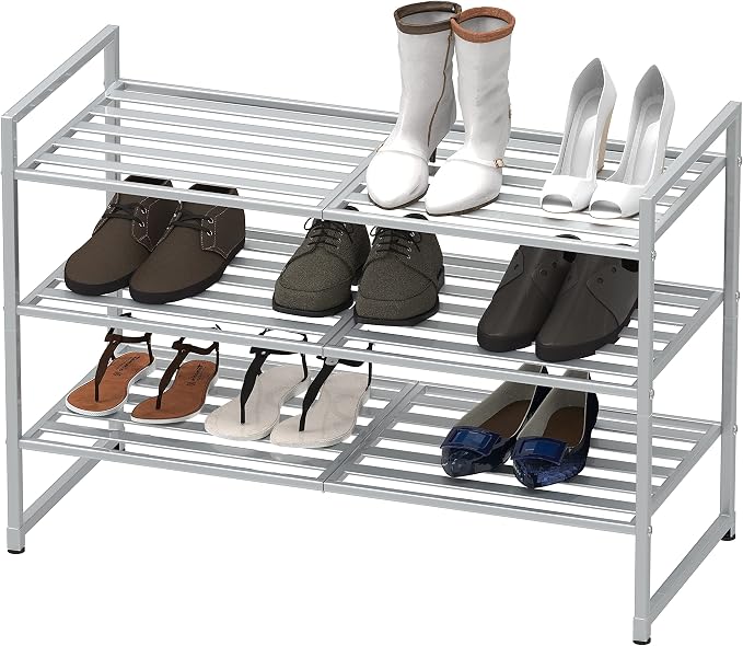 Simple Houseware 3-Tier Stackable Metal Panel Shoe Rack, Silver | 9 Pairs of Shoes Storage Organizer for Closet, Entryway, Garage & Corridor