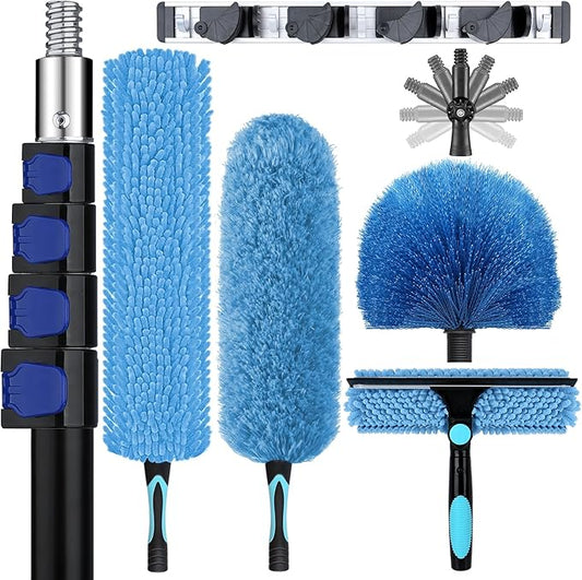 36ft High Ceiling Duster Kits with 5-30ft Heavy Duty Extension Pole - Fan Blade Cleaner, Cobweb Remover & Blue Window Squeegee Kit, Washable Dust Brush for High Roof and Glass Surfaces