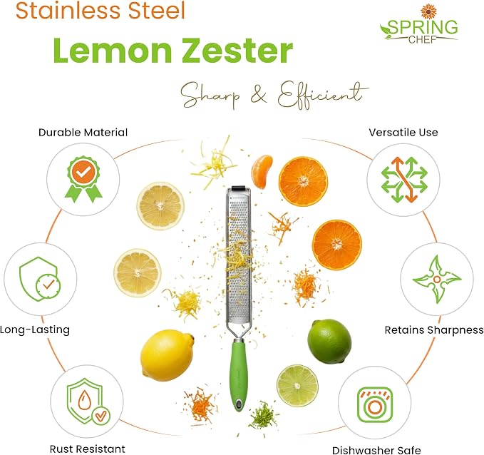Spring Chef Stainless Steel Lemon Zester Grater with Handle - Garlic, Cheese, Parmesan, Nutmeg, Lime, Ginger Grater - Heavy Duty Kitchen Tool - Citrus Zester with Blade Cover - Fine Shred - Green