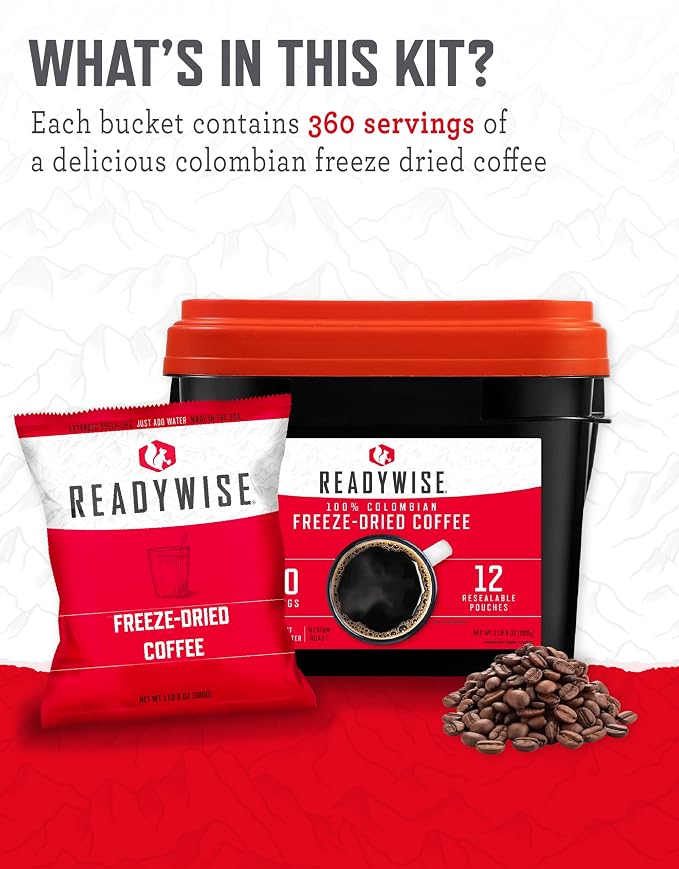 ReadyWise Emergency Food Supply - 360 Servings Freeze Dried Coffee Bucket, Survival Food, Instant Coffee Packets for Backpacking, Camping Essentials & Prepping Supplies, up to 15 Year Shelf Life