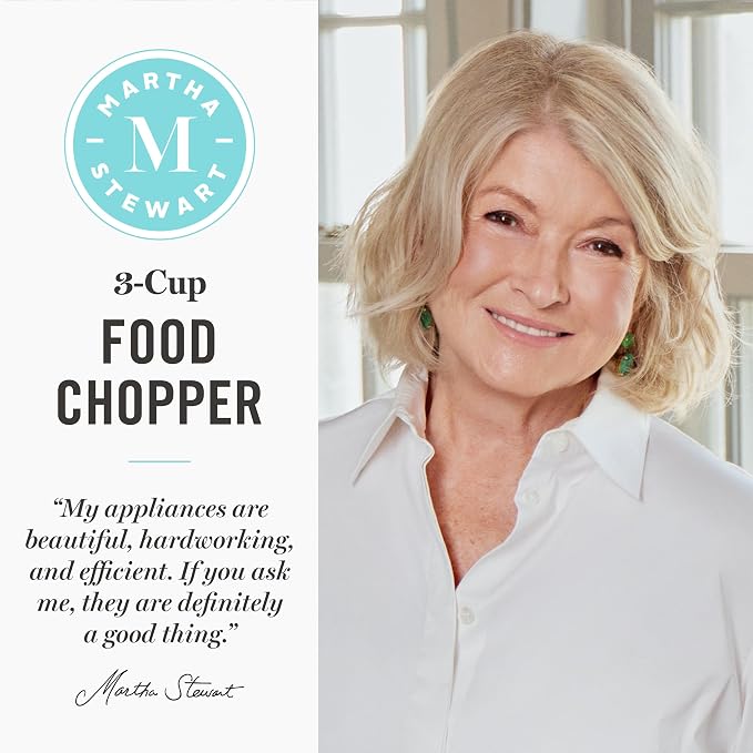 Martha Stewart 3 Cup Electric Food Chopper, Vegetable & Herb Mini Food Processor, 24oz BPA-Free Bowl, Stainless Steel Blades, Pour Spout, Dicing, Mincing, Chop & Puree, Dishwasher Safe, Sky