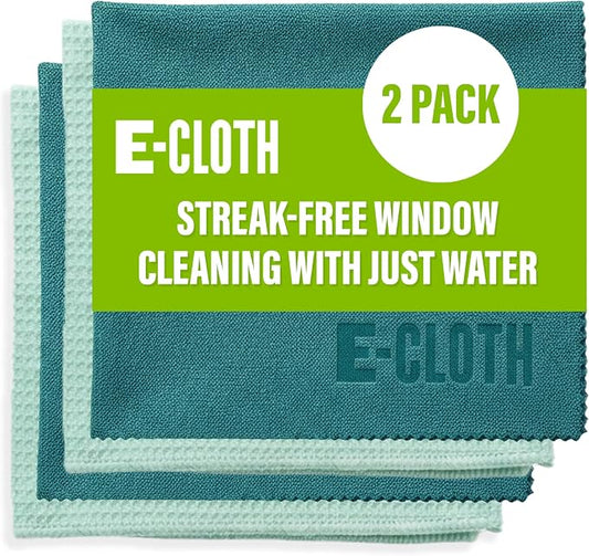 E-Cloth Microfiber Window Cleaning Cloth Kit - Glass Cleaning Cloth for Windows, Mirrors, Cars, Lenses, Eyeglasses, & More, Streak Free Clean, Machine Washable Reusable Towel - Green (2 Kits)