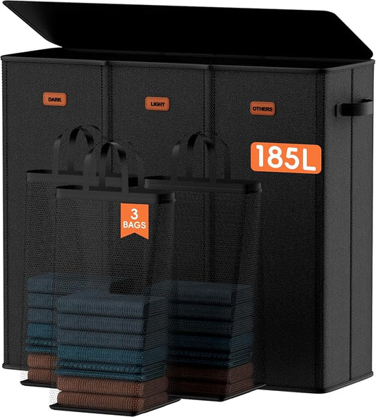 185L Laundry Hamper 3 Section, Laundry Hamper with Lid, Dirty Clothes Hamper with 3 Removable Washing Bags, Extra Large Laundry Basket Organizer for Bedroom, Laundry Room, Dorm - Black