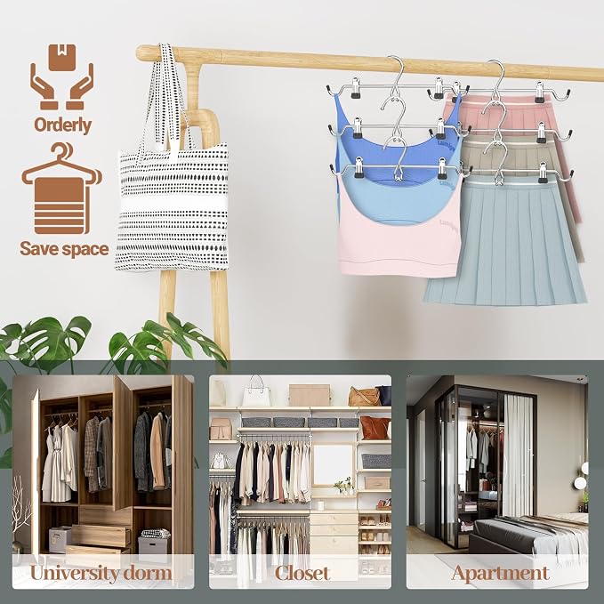 Pants Hangers Space Saving,Stackable Skirt Hangers with Clips, Hanging Closet Organizer and Storage,Clothes Hangers, College Dorm Essentials Apartment Essentials- 24 Pack