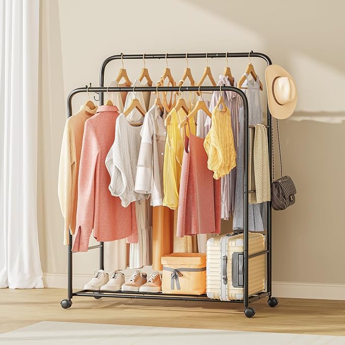 TigerParty Double Rods Clothes Rack for Hanging Clothes, Rolling Clothing Rack with Wheels, 6 Side Bars Freestanding Garment Racks for Bedroom Laundry Living Room