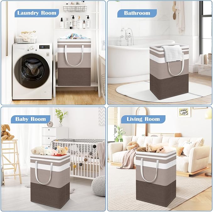 BlissTotes 3-Pack Laundry Basket, Collapsible Laundry Hamper, Khaki, 75L | Laundry Clothes Hamper, Hampers for Bedroom, Freestanding Hamper with Handles, Clothes Laundry Basket