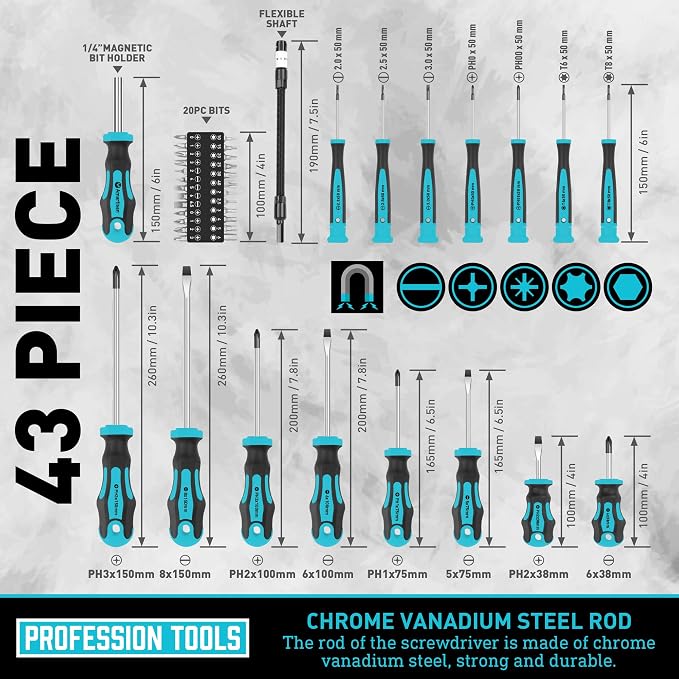 Magnetic Screwdrivers Set with Case, Amartisan 43-piece Includs Slotted, Phillips, Hex, Pozidriv,Torx and Precision Screwdriver Set, Magnetizer Demagnetizer Tools, Tools for Men (Blue))