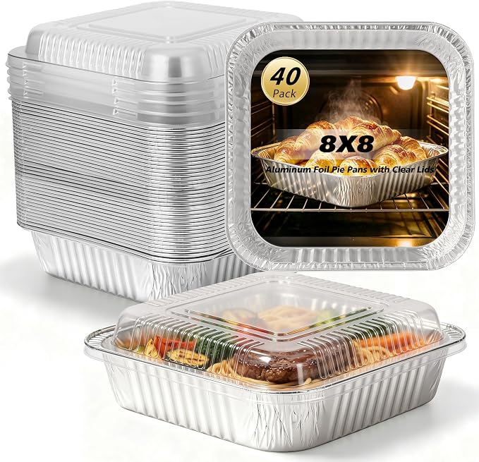 40 Pack 8x8 Aluminum Foil Pans with Clear Lids - Square Disposable Baking Cake Pans Tin Foil To Go Food Containers for Cooking, Heating, Storing, Meal Prepping