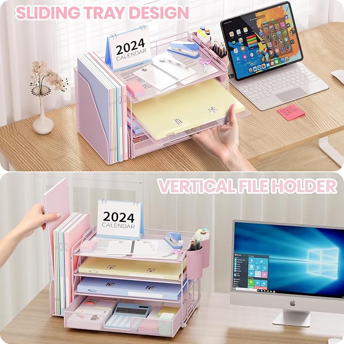 OPNICE Desk Organizer, 4-Tier Desktop File Organizer with Drawer and Pen Holders, Office Desk Accessories, File Sorters, Workspace Organizers for Office Supplies(Pink)