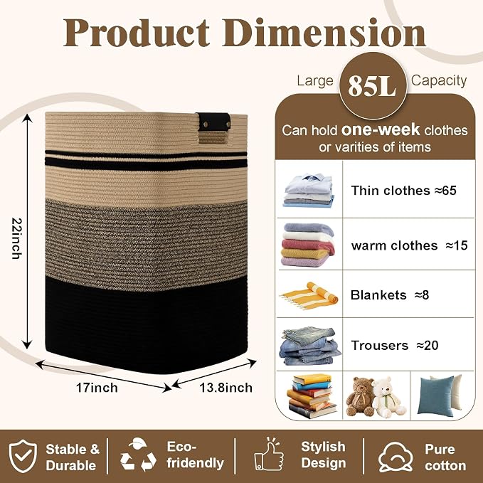 Laundry Hamper, 85L Tall Laundry Basket with Leather Handles, Rectangle Large Clothes Hamper for Organizing, Cotton Woven Laundry Baskets Storage Hampers for Bedroom, Nursery, Living Room