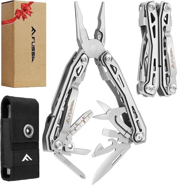 FLISSA 16-In-1 Multi Tool, EDC Multitool, Silver | Gift for Men, Stainless Steel, Pocket Knife, Pliers, Belt Clip, Oxford Sheath, Safety Locking, For Camping, Outdoor