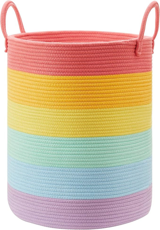 80L Extra Large Rainbow Laundry Hamper Basket for Girls Kids Tall | Unicorn Nursery Toddler Hamper for Clothes Woven Rope Toy Storage Basket in Playroom Bedroom 16"D x 22"H