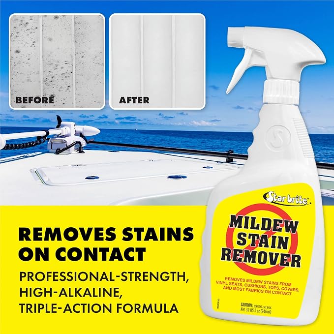 STAR BRITE Mold Stain & Mildew Stain Remover – Lifts Dirt & Removes Mildew Stains on Contact - 32 OZ (085632) | Triple-action buffered bleach lifts dirt, safe on stitching, works on tile, grout, gutters, roofs and vinyl