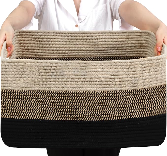 Optish 75L Large Blanket Basket, Woven Storage Baskets with Reinforced Handles, Rope Laundry Basket for Living Room, Bedroom, Nursery, Toys, Clothes, Pillows, 22” x 17” x 11.5”, Black & Brown
