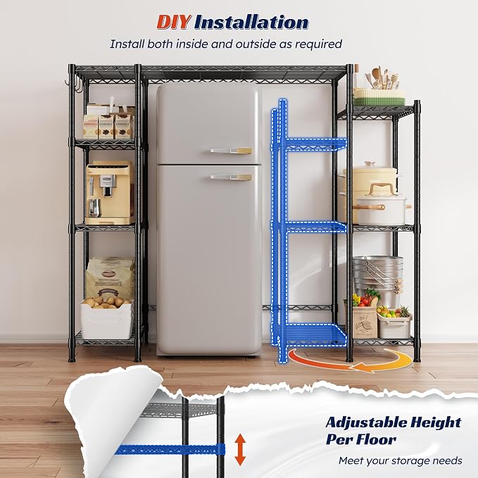 REIBII Mini Fridge Shelf with Storage,4-Tier Adjustable Shelves,665 lbs | With 8 Hooks,Fits Mini Fridge & Kitchen Appliances,Heavy Duty Steel Frame,Easy Tool-Free Assembly, Space-Saving,Dorm & Pantry