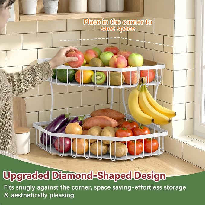 2 Tier Fruit Basket for Kitchen Counter - Detachable Metal Fruit Bowl with 2 Banana Hangers for Corner , Large Capacity Fruit Stand with Wooden Handle for Bread Fruit and Vegetable Storage- White
