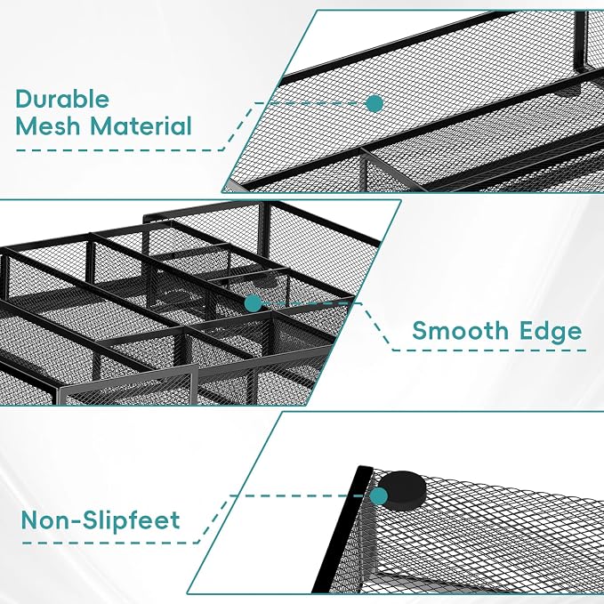 2 Pack Expandable Desk Drawer Organizer, 10 Compartments, Black | Metal mesh drawer organizer tray with 5 removable dividers, expands from 8.74 to 16 in for office supplies, makeup or tools
