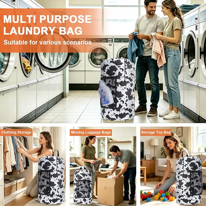 Laundry Bag Backpack Durable Laundry Bag with Shoulder Straps and Mesh Pockets Portable Laundry Hamper Dirty Clothes Bag for College, Travel, Laundromat, Apartment (Cow Print)