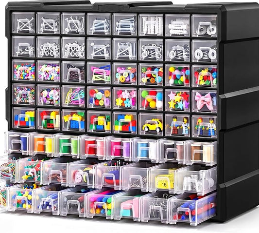 64-Drawer Organizer for Garage Building Bricks Storage,𝐓𝐡𝐢𝐜𝐤𝐞𝐫 Drawer Storage Cabinet with Dividers and Labels for Hardware,Screws,Nuts Bolts, Garage Tools,Charms,Beads,Craft,Scrapbook