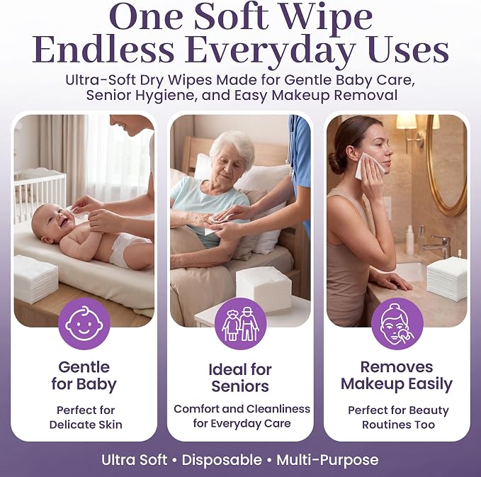 Disposable Dry Wipes, 50 Pack – Ultra Soft Non-Moistened Cleansing Cloths for Adults, Incontinence, Baby Care, Face Makeup Removal – 9.5" x 13.5" - Hospital Grade, Durable – by ProHeal